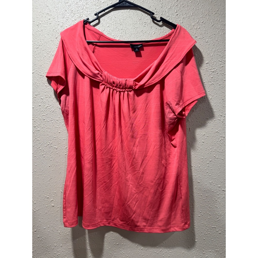 East 5th Womens XL Coral Pink Draped Portrait Neck Short Sleeve Slub Knit Blouse